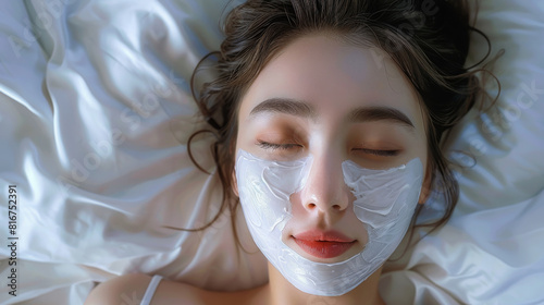 A mockup face mask with hydration white peel off mask, woman lying on bed. Generative AI. photo