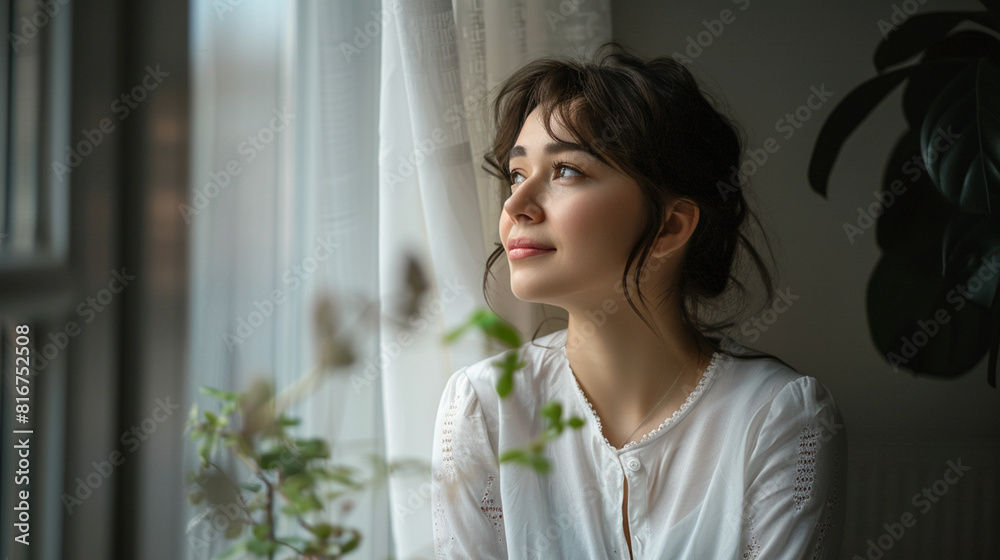 A woman is sitting in front of a window with a plant in front of her A woman is sitting in front of a window with a plant in front of her