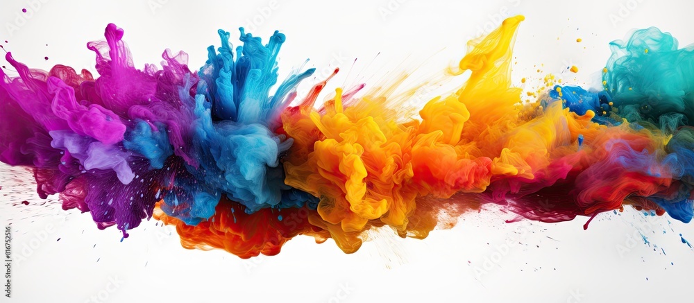 An explosive burst of colorful powder creates an abstract splatter pattern on a pristine white background resulting in a stunning and vibrant image with plenty of copy space An explosive burst of colorful powder creates an abstract splatter pattern on a pristine white background resulting in a stunning and vibrant image with plenty of copy space