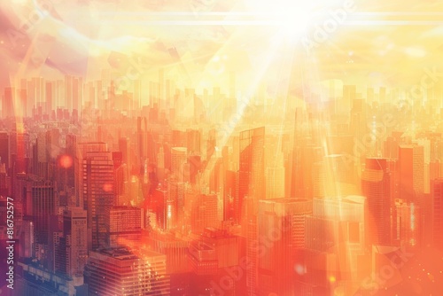 Warm sunset light bathing a bustling city skyline, radiating a vibrant, abstract atmosphere