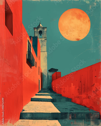 Sevilla retro vintage poster, vector illustration, street with red walls and church in the background