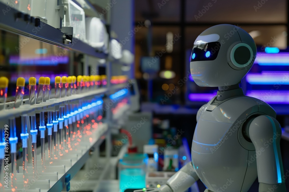 Robot in a lab setting, engaged in analyzing genetic data with hi-tech equipment