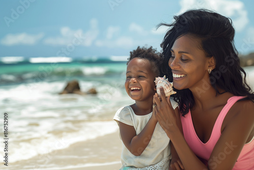 heartwarming beach scene, a cute little African american girl giggling with delight as she listens to a shell near her ear, her mom sharing in her happiness with a loving smile. Th photo