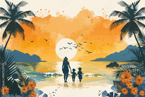 Vector illustration silhouette of mother with two daughters on the beach