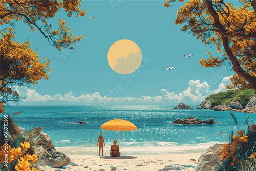 Beach vector illustration of two people with a yellow umbrella