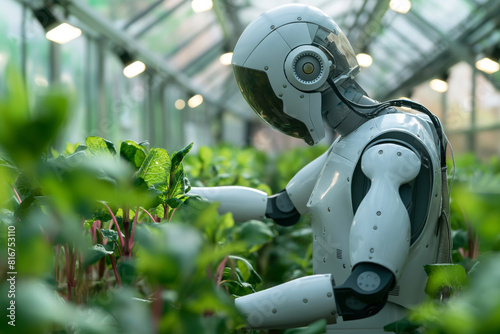 Futuristic robot equipped for agriculture, meticulously caring for genetically modified plants in a high-tech greenhouse