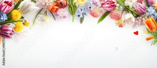 A composition of spring flowers arranged in a frame with space for adding written content in the image. Copyspace image