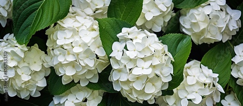 A close up image of white treelike hydrangea flowers with a backdrop of dark green foliage Perfect for adding text. Copyspace image photo