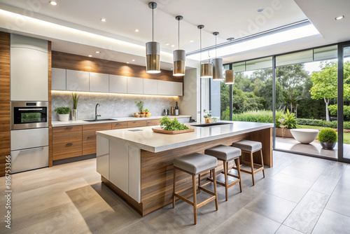 This contemporary kitchen showcases a seamless integration of modernity and functionality  enhanced by a minimalist design and ample natural light