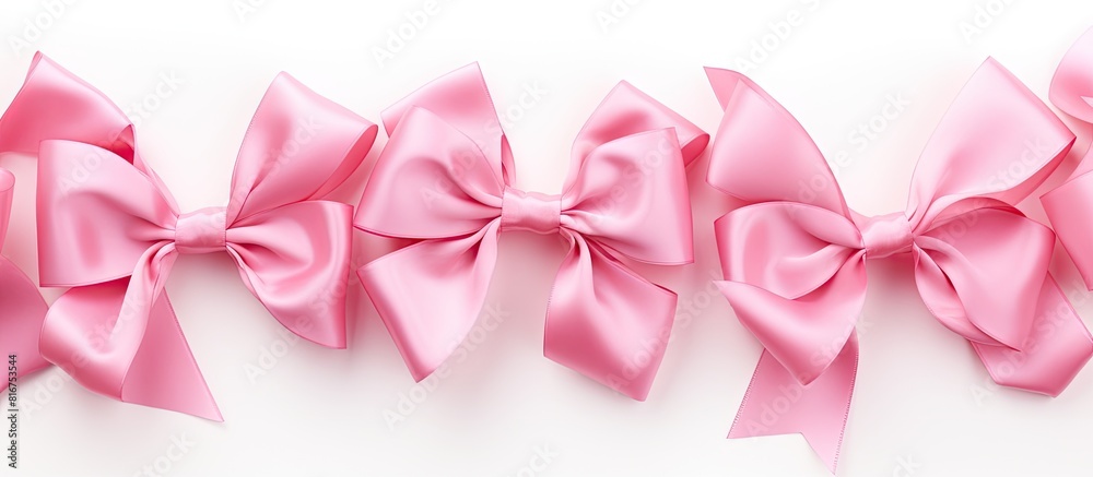 A close up copy space image of a large assortment of beautiful pink ribbon bows isolated on a white background A close up copy space image of a large assortment of beautiful pink ribbon bows isolated on a white background