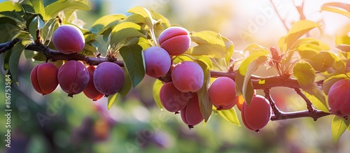 A close up image of a plum tree with ripe fruits growing on its branches creating a beautiful and vibrant backdrop for a fruit orchard farm Copy space image photo