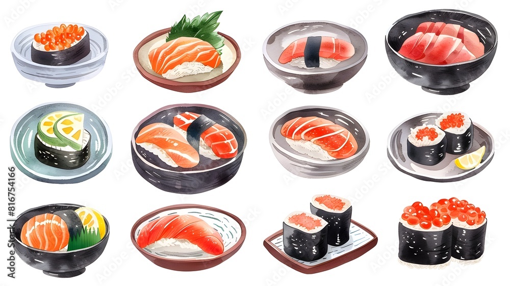 Assortment of Delectable Japanese Sushi Dishes Presented on Plates and Bowls