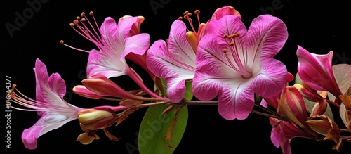 A copy space image of Bauhinia variegata commonly called the orchid tree or mountain ebony showcasing its vibrant flowers against a dark backdrop photo