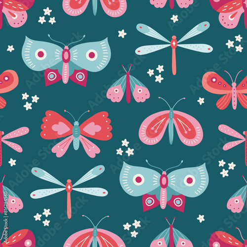 Floral seamless pattern with butterflies, dragonflies and flowers. Vector illustration