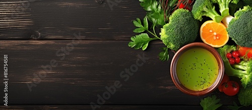 An appetizing vegetarian first course on a keto or paleo diet menu concept The top view photograph showcases a colorful soup consisting of broccoli various vegetables and broth The background offers photo