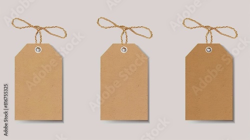 Isolated blank organic carton texture frame template collection with kraft price tag. Vintage brown cardboard with cord. Vintage empty craft paper design with twine ribbon to mockup a gift. Vintage