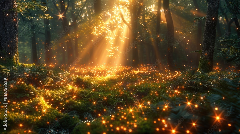 Enchanted Forest Glade at Dawn with Magical Fireflies