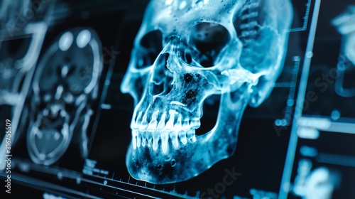 A close-up of a 3D X-ray image of a human skull, displayed on a high-resolution screen #816755509