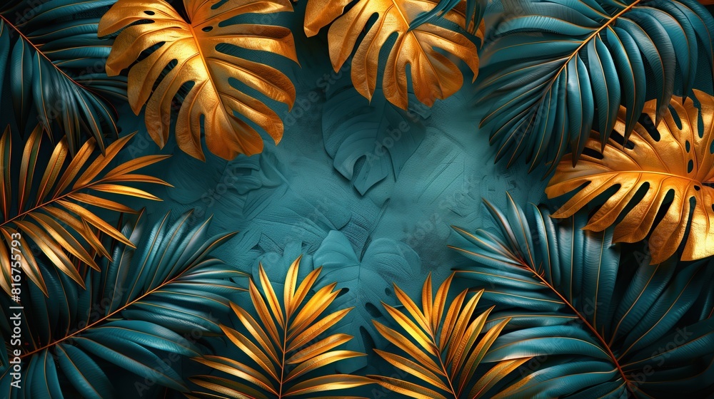 Tropical Green Palm Leaves on Gold Background Tropical Green Palm Leaves on Gold Background