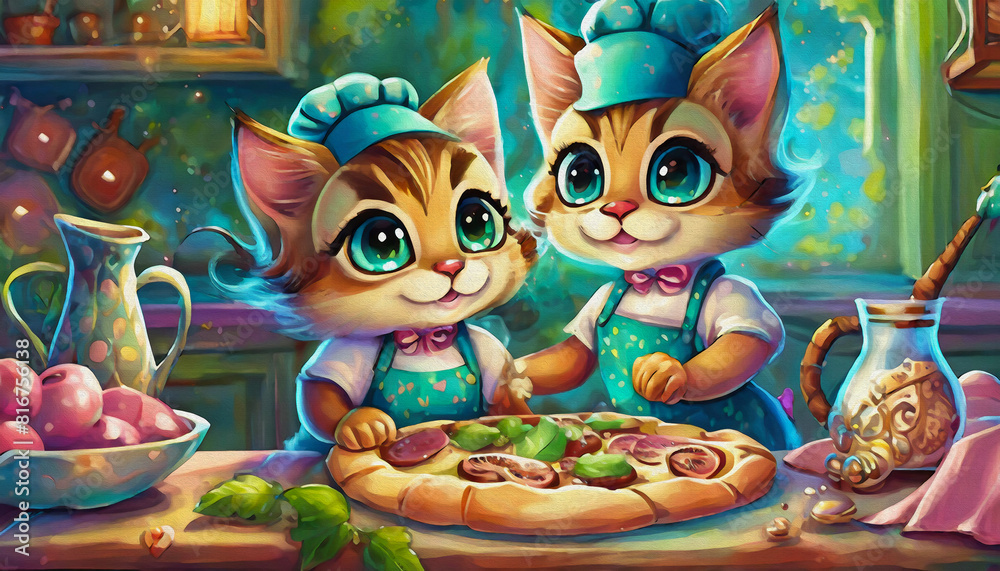 Naklejka premium oil painting style Cartoon character baby cute cat bonding while making homemade pizza together in kitchen,