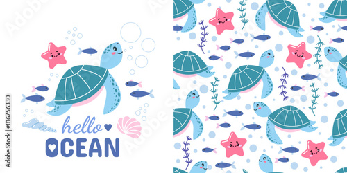 Vector seamless pattern and a postcard with a cute turtle in a hand-drawn style. Marine animals, ocean fish. Ideal for baby bedding, wallpaper, wrapping paper, fabric, textiles, T-shirt prints