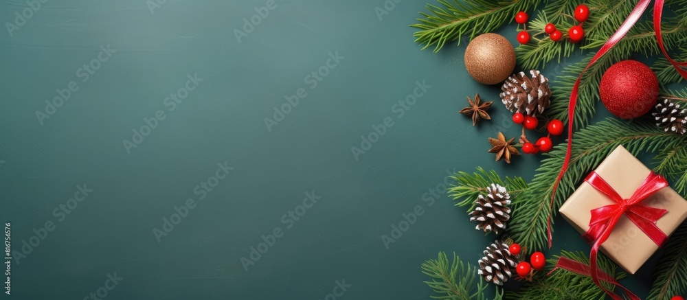 The image shows a festive Christmas background with gift boxes rolls of wrapping paper branches of a fir tree red ribbon colorful balls and decorations on a green surface It is a beautiful preparatio The image shows a festive Christmas background with gift boxes rolls of wrapping paper branches of a fir tree red ribbon colorful balls and decorations on a green surface It is a beautiful preparatio