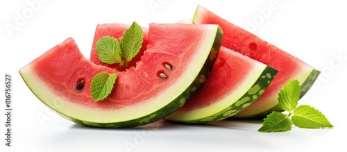 sliced watermelon with mint and lime on a white background Fresh food Fruits Wholesome healthy food. copy space available