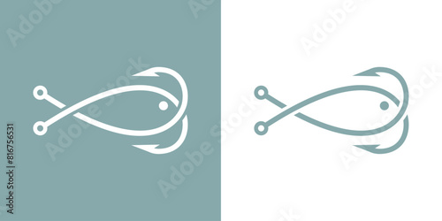 Logo de pesca. Restaurante de pescado y marisco. Silueta de anzuelos de pesca cruzados con forma de pescado photo