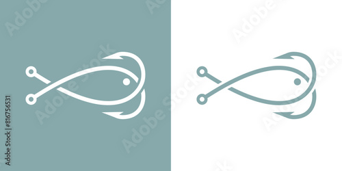 Logo de pesca. Restaurante de pescado y marisco. Silueta de anzuelos de pesca cruzados con forma de pescado