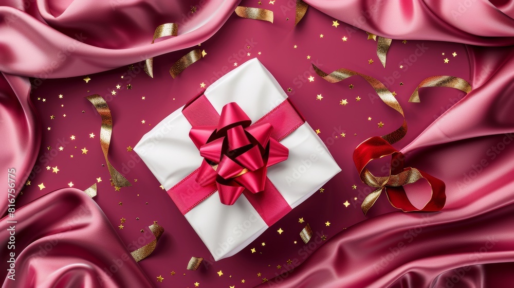 White present with red bow decoration on silk cloth with drape on a viva magenta fabric background for a Christmas banner and gold confetti. Premium header template for Valentine's Day.