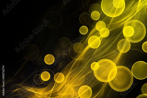 Vibrant abstract background featuring glowing yellow bokeh lights with elegant wavy lines on a dark backdrop
