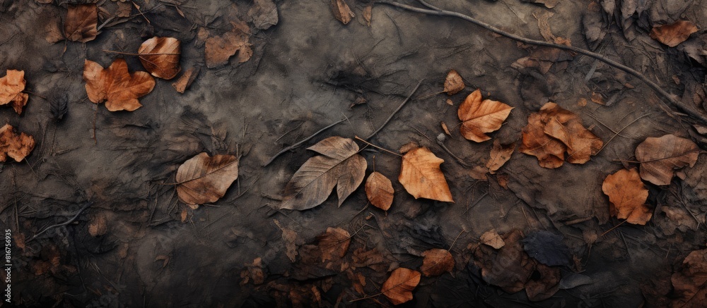 background texture of brown dry leaves scattered on ground dried leaves background dried leaves frame on black background. copy space available