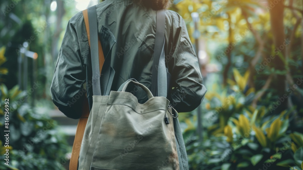 Fototapeta premium Man with Canvas Bag Exploring Lush Green Botanical Garden