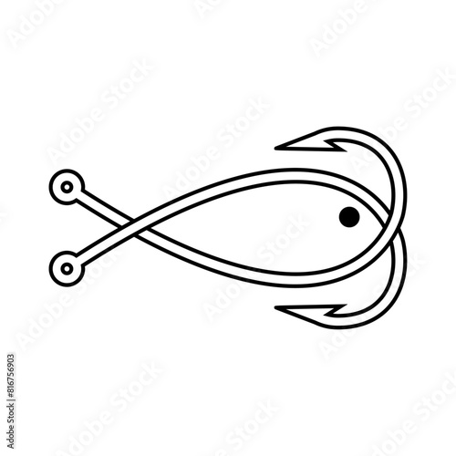 Logo de pesca. Restaurante de pescado y marisco. Silueta de anzuelos de pesca cruzados con forma de pescado