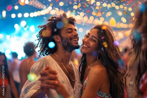 A multiracial hipster couple joyfully dances amidst a crowd at a lively music festival as confetti fills the air