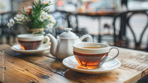 Cups of tasty tea and pot on table in cafe