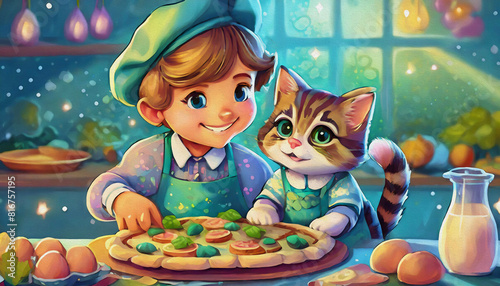 oil painting style cartoon character boy and cute cat bonding while making homemade pizza together in kitchen, © stefanelo