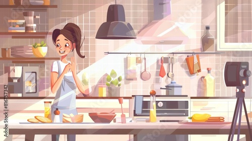 Modern illustration of food blogger with smile in an interior kitchen. Happy mother vlogger cooking for the family online. Cooking videos for education table view.