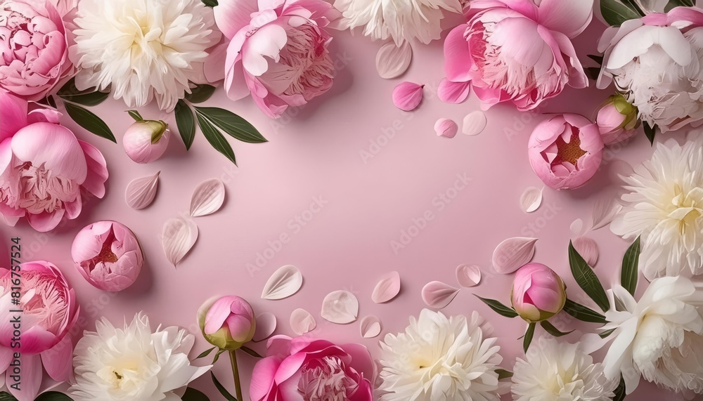 rame made of beautiful peony flowers on pink background. Flat lay, copy space, summer flowers , generbated y AI