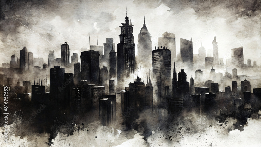 Drawing illustration of a black skyscraper cityscape skyline at night Drawing illustration of a black skyscraper cityscape skyline at night