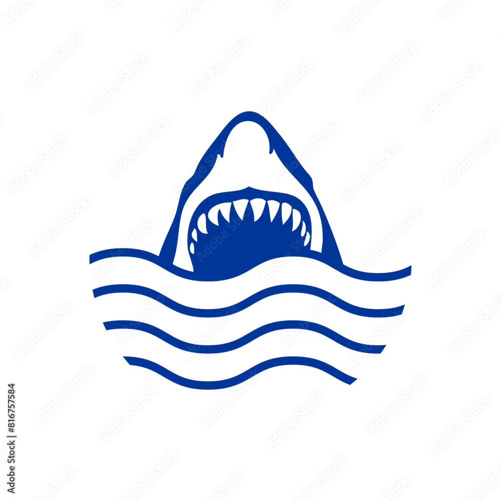 Logo Nautical. Símbolo de peligro de ataque de tiburón. Silueta de cabeza de gran tiburón blanco con boca abierta con olas de mar Logo Nautical. Símbolo de peligro de ataque de tiburón. Silueta de cabeza de gran tiburón blanco con boca abierta con olas de mar