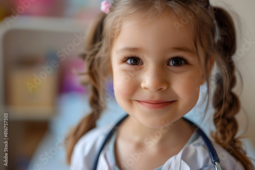 Adorable young girl with stethoscope playing pretend doctor