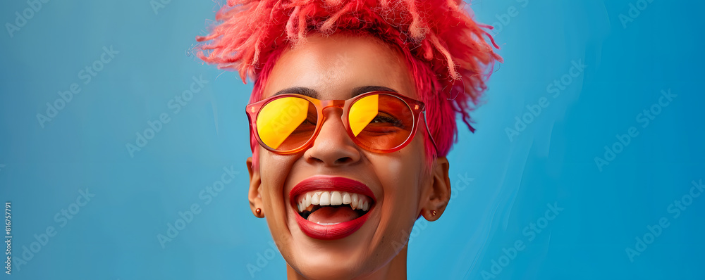 Joyful woman with pink hair and sunglasses