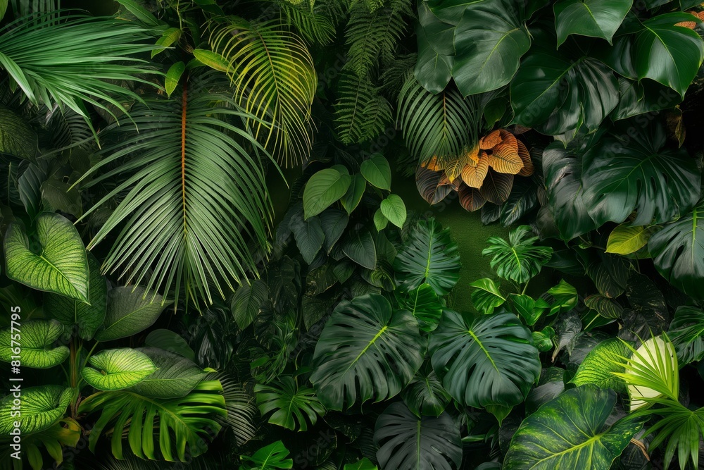 Lush green leaves create a natural and textured backdrop, highlighting the diversity of a dense jungle environment Lush green leaves create a natural and textured backdrop, highlighting the diversity of a dense jungle environment