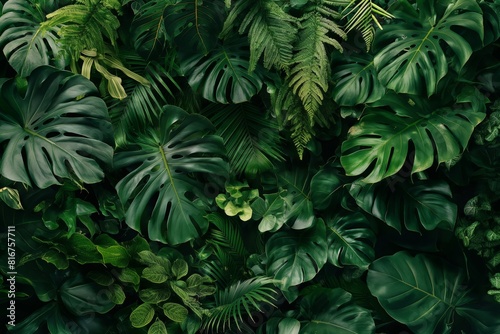 High-quality image featuring a dense array of tropical leaves and ferns, creating a vibrant jungle texture