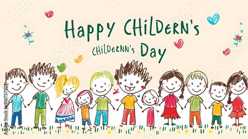 a group of cartoon children's holding hands with text in background happy children's day