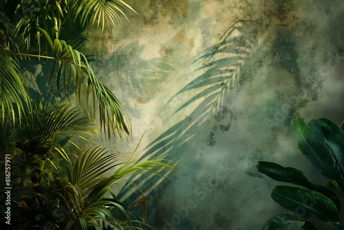 Lush and vibrant textured jungle foliage background with artistic palm leaves creating a serene and verdant backdrop for botanical wallpaper and nature-themed designs