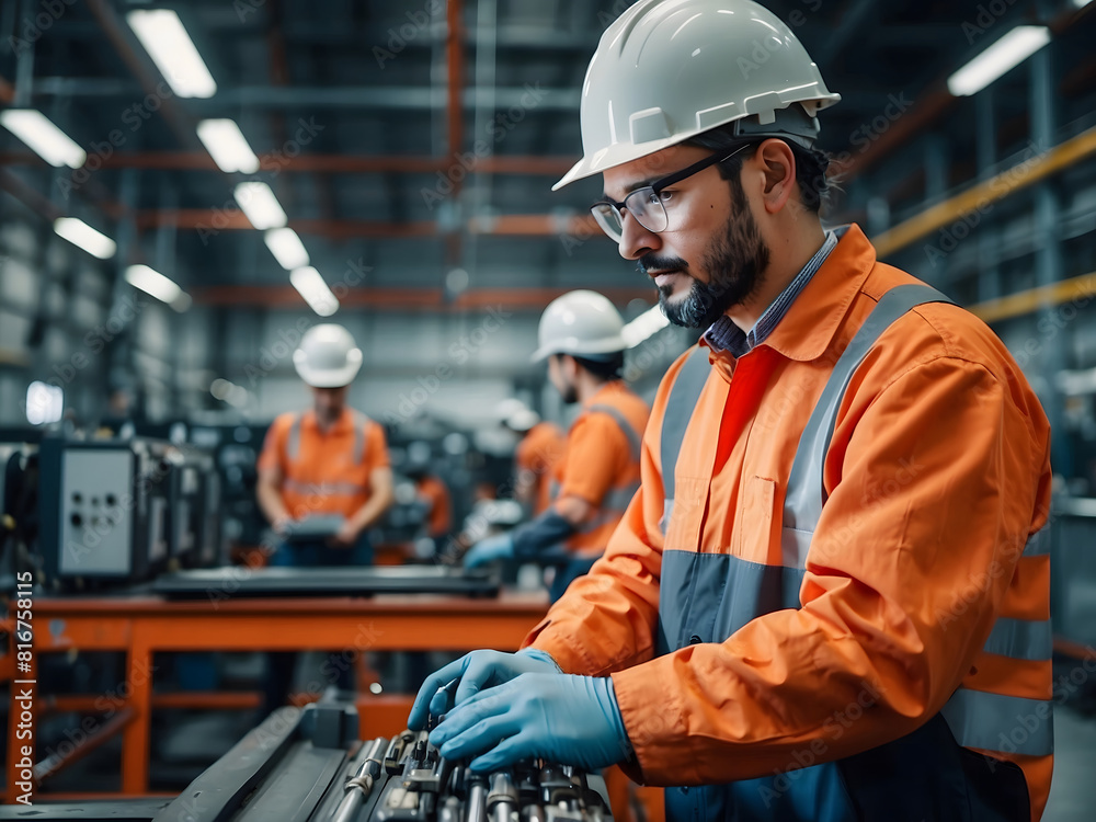Engineer in a modern factory. Industry 4.0 machine maintenance Labor Day and the importance of workers design Engineer in a modern factory. Industry 4.0 machine maintenance Labor Day and the importance of workers design