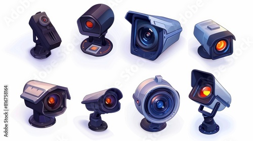 A realistic set of 3D CCTV cameras isolated on a white background. Modern illustration of a video camera. Modern equipment for home, office, enterprise, security protection, crime prevention, spy photo