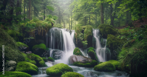 Hidden forest waterfall Waterfall covered with moss-covered rocks Surrounded by carpets and towering evergreen forests  magical  beautiful nature. Images are generated by AI